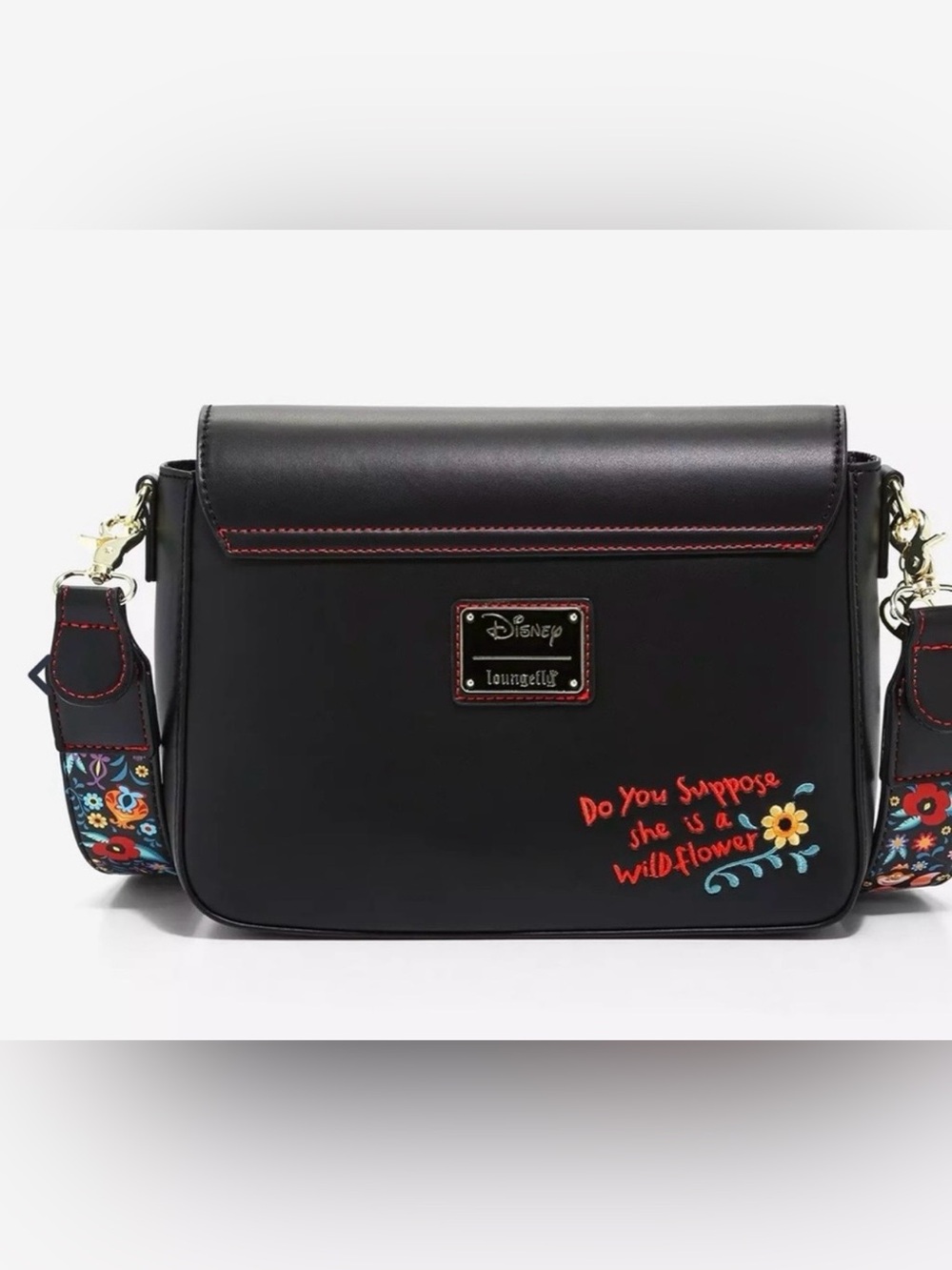 Loungefly Alice in Wonderland Black Leather Crossbody with Colorful Floral Strap - Picture 2 of 6
